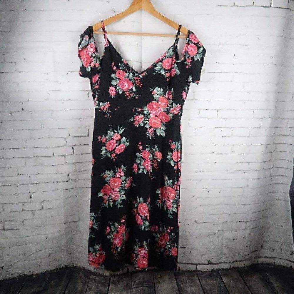 FOREVER 21 CONTEMPORARY BLACK FLORAL COLD SHOULDER MIDI DRESS V NECK SIZE LARGE